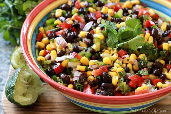 Horizontal shot of full bowl of Corn & Black Bean Salsa