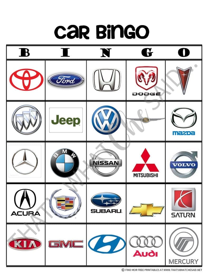 Vehicle Brand Car Bingo Printable Sheet