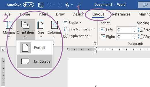 Screenshot of a word document and the menus needed to set page to landscape