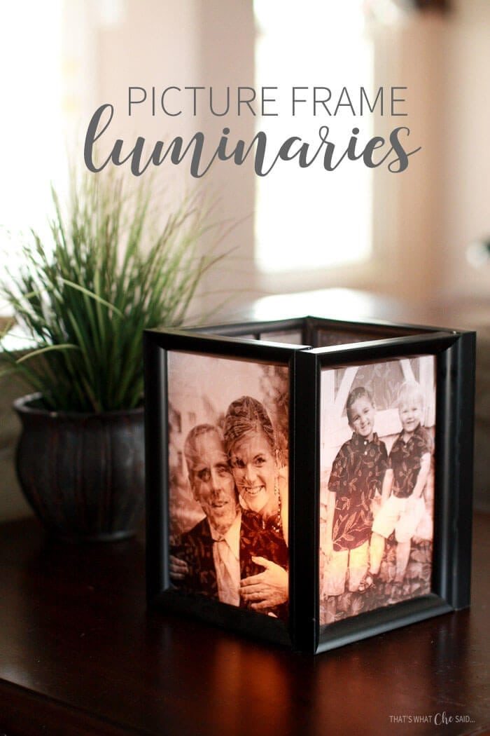 Picture Frame Luminary tutorial.  Finished luminary on end table