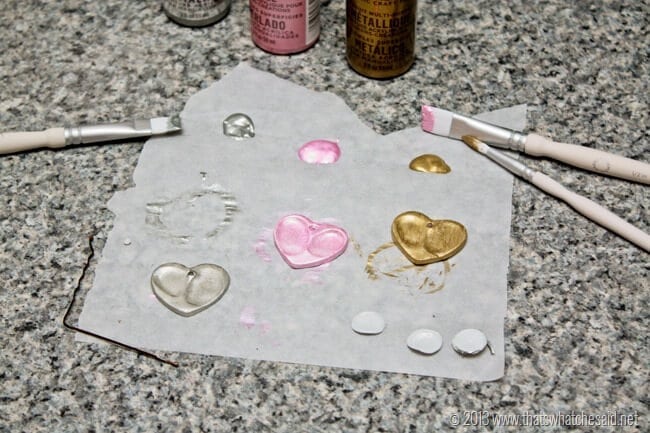 polymer clay heart charms painted with acrylic paint
