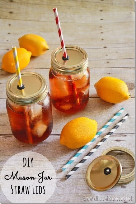 Mason Jar Straw Lids Tutorial. 2 finished jars with lemons and straws in the photo