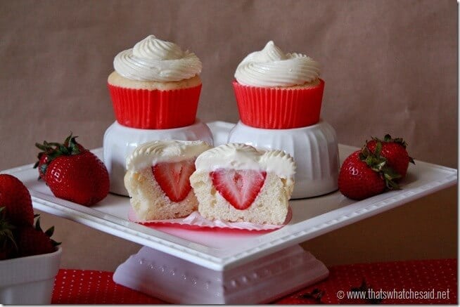 Hidden Strawberry Cupcakes with Cheesecake Frosting