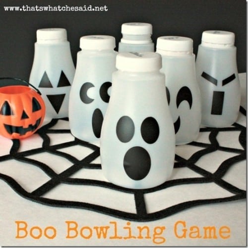 Upcycle milk jugs into a spooky ghost boo bowling game for kids