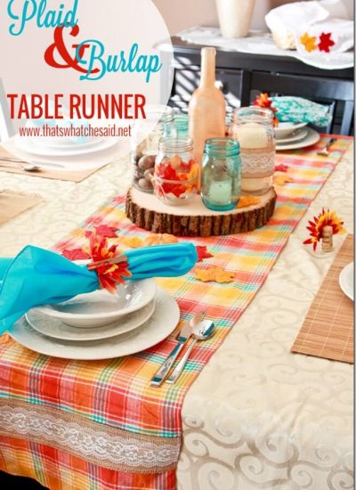 Plaid & Burlap Table Runner on Modern Rustic Thanksgiving Tablescape