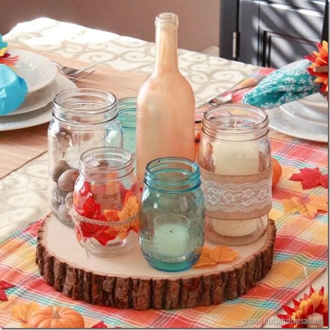 Rustic Wood, Mason Jar, Candle Centerpiece for Rustic Modern Thanksgiving Tablescape