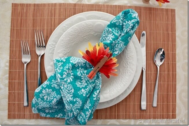 Turquoise Bandana Napkins with Turkey Napkin Rings!  Fun take on Thanksgiving Decor!