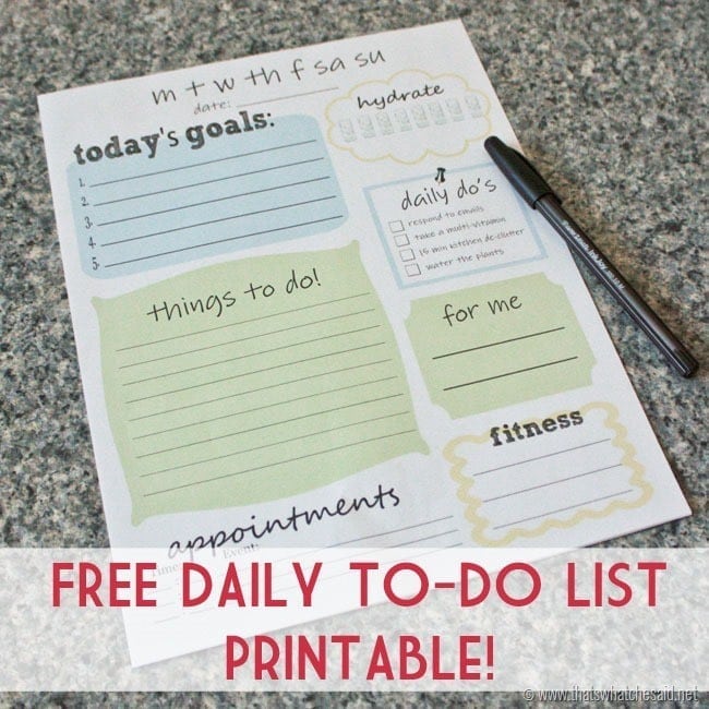 Printable to-do list on counter with pen