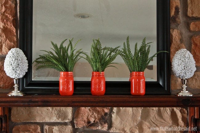 Carrot Mason Jars on Spring Mantel at thatswhatchesaid.net