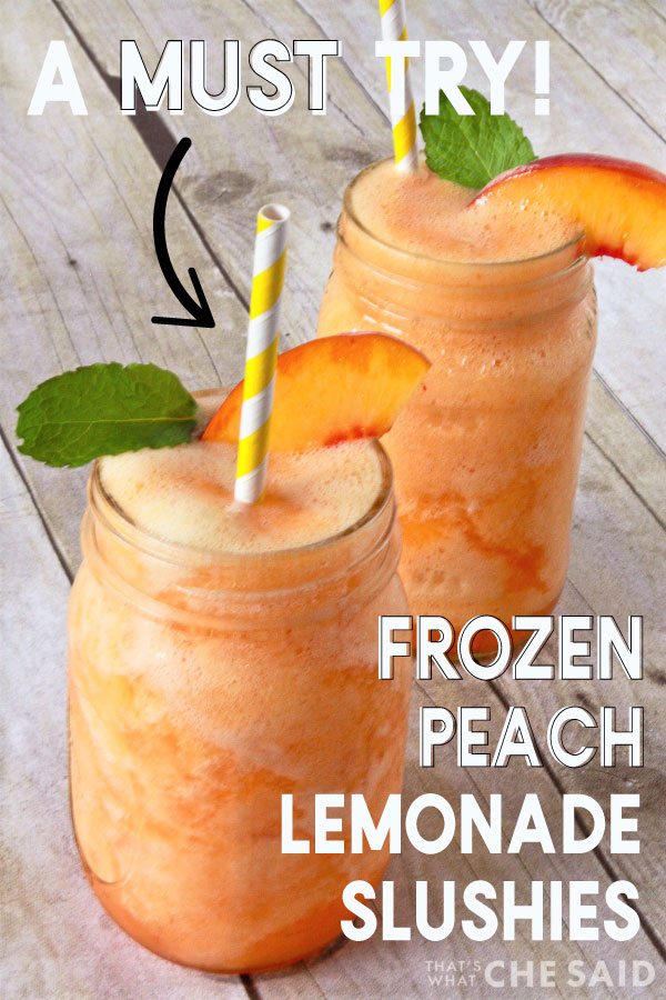 Two mason jars filled with Peach Lemonade Slushie, garnished with a peach slice, mint leaf and straw