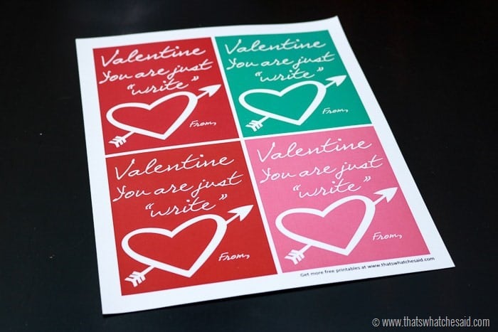 Valentine You're Just Write! Free Printable non-candy Valentine Idea at www.thatswhatchesaid.com