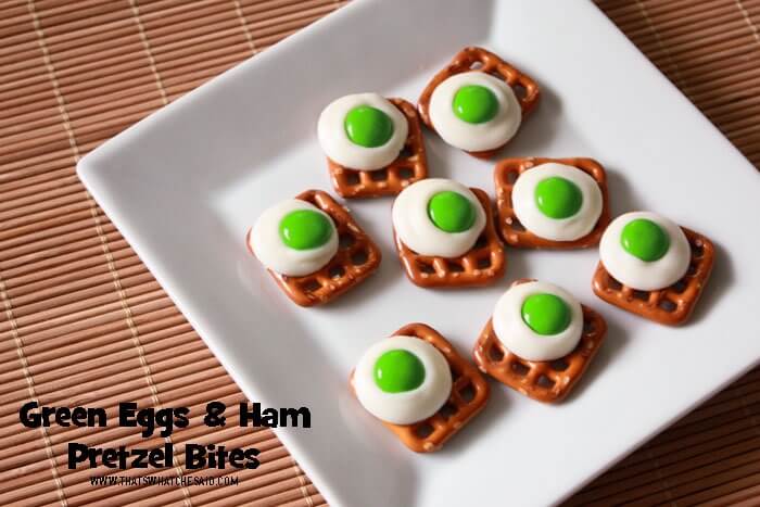 Dr. Suess' Birthday Green Eggs and Ham Pretzel Bites