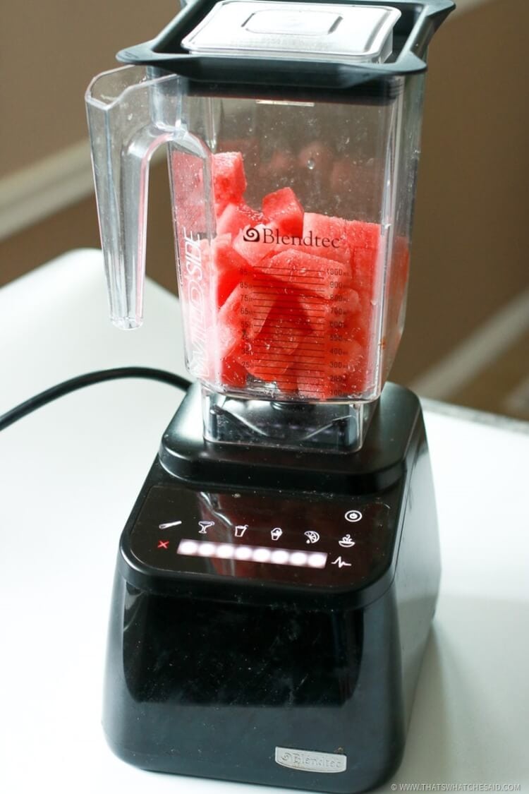 Watermelon Cubes added to Blendtec Blender for watermelon Margaritas