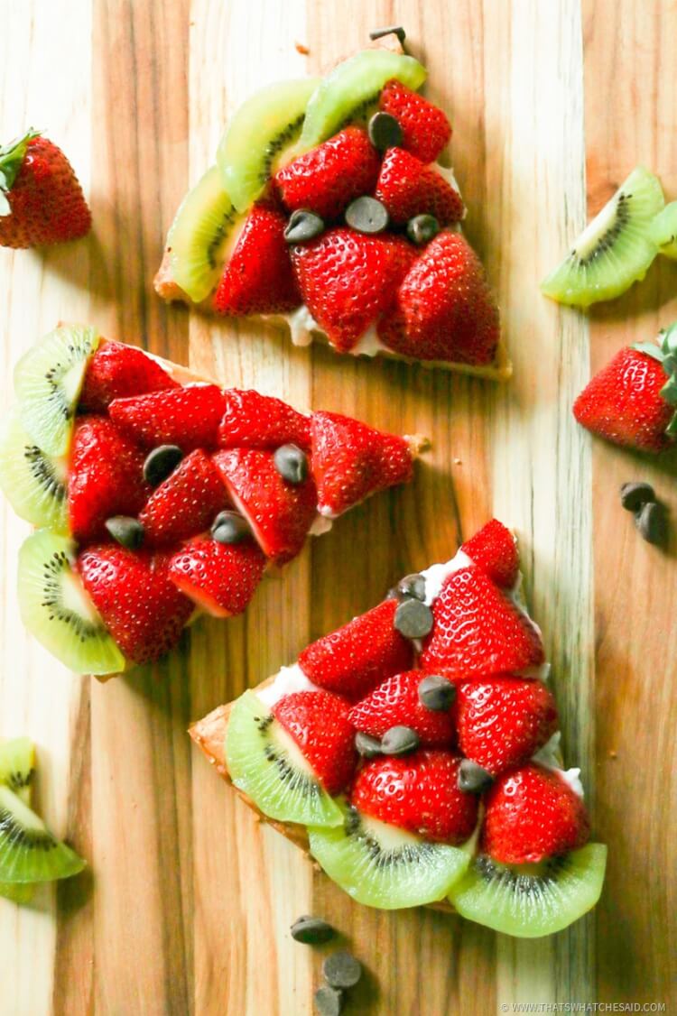 Slices of watermelon fruit pizza! Perfect for summer desserts!