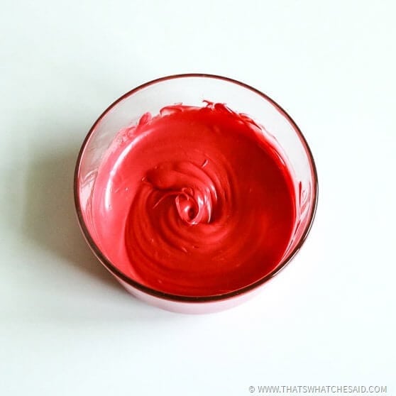 Red Wilton Candy Melts after they are melted in Microwave