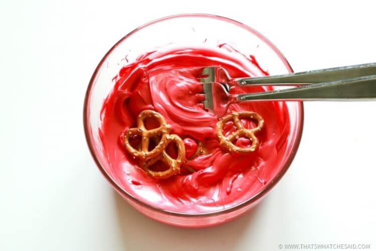 Apple Pretzel Bites-4 Dip Pretzels in Melted Candy Melts and shake off excess