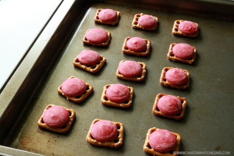 Pretzels with Candy melts ready to go in the oven