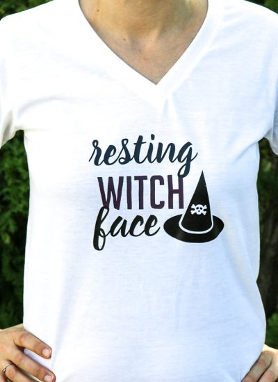 Girl wearing Shirt with Vinyl Resting Witch Face design