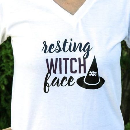 Girl wearing Shirt with Vinyl Resting Witch Face design