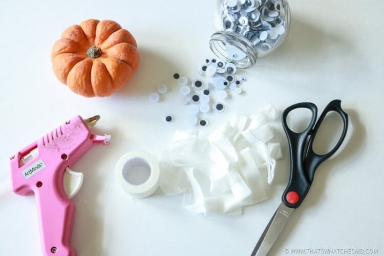 Supplies For Mummy Pumkins - Hot Glue Gun Pumpkin-Scissors-Googley Eyes-Gauze