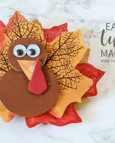 Turkey magnet made from faux leaves and small wooden craft discs and paint