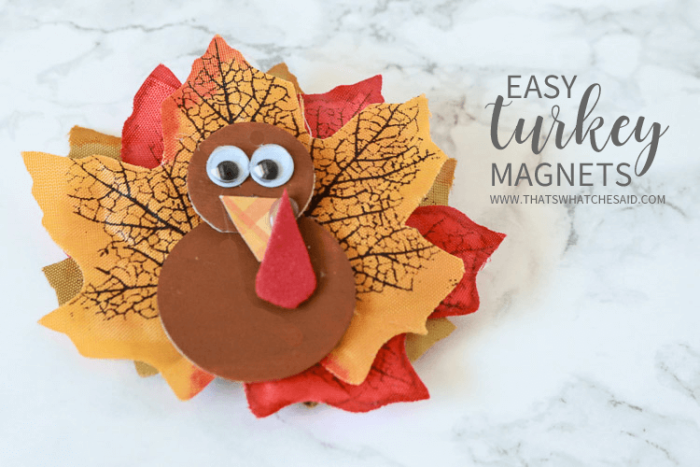Turkey magnet made from faux leaves and small wooden craft discs and paint