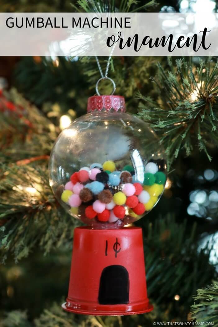 DIY Gumball Machine Ornament hanging on a Christmas Tree