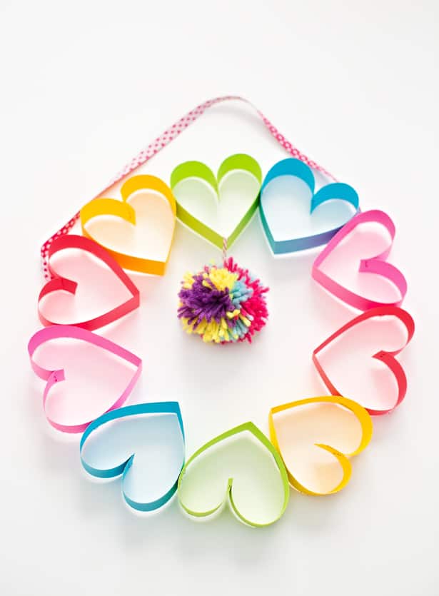 Paper strips made into hearts in a circle to form a wreath