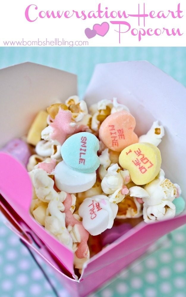 Popcorn Treat mixed with conversation hearts in a Chinese to go box