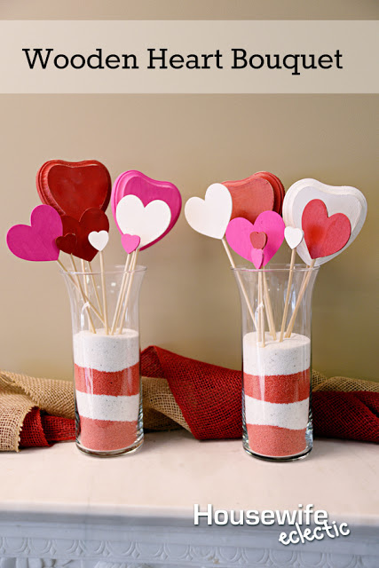 Wooden hearts on sticks grouped in a vase as a bouquet