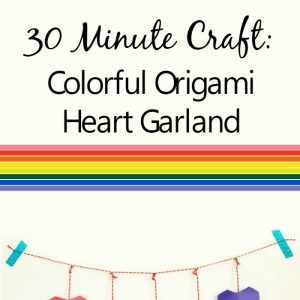 Garland with Origami folded hearts in rainbow colors