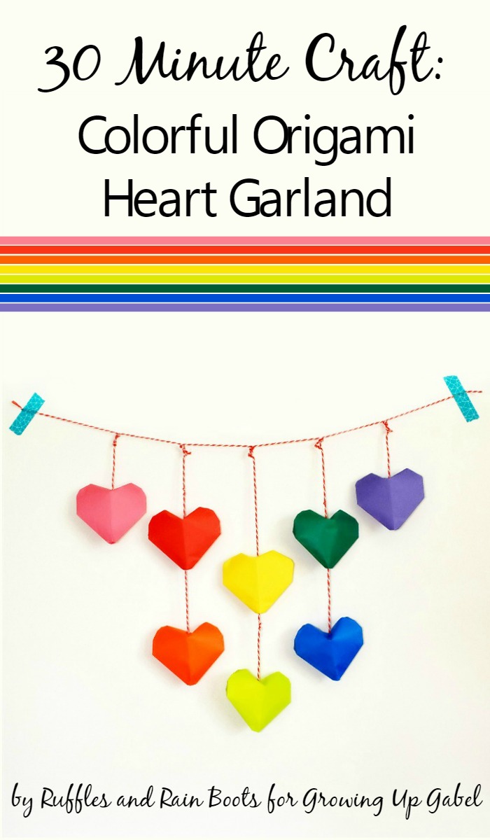 Garland with Origami folded hearts in rainbow colors