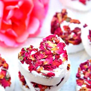 Heart shaped bath bombs with rose petals