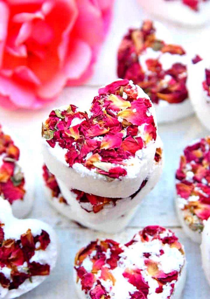 Heart shaped bath bombs with rose petals