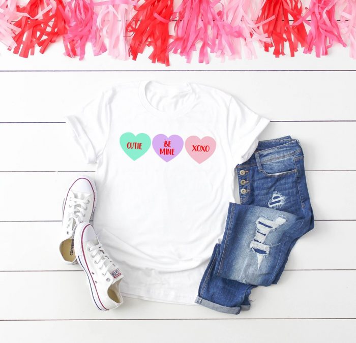 White T with Conversation Heart SVG file in iron-on