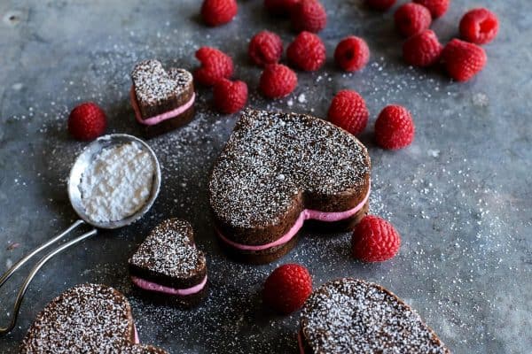 Heart brownie sandwiches with raspberry buttercream centers