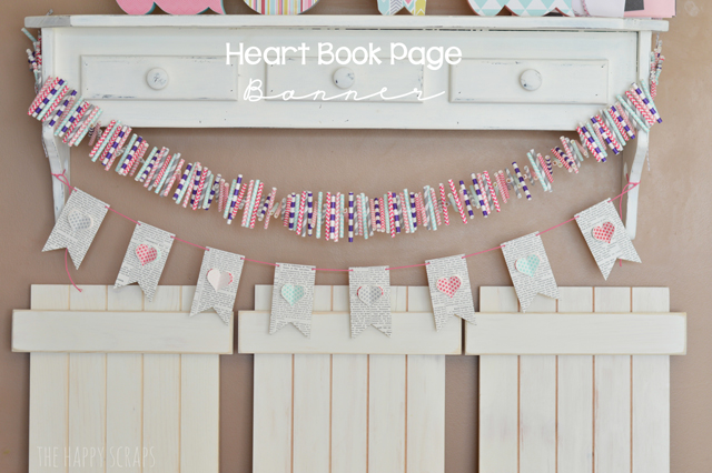 bunting banner made of book pages with heart accents