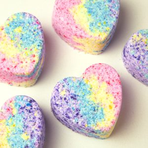 Heart shaped bath bombs in rainbow colors