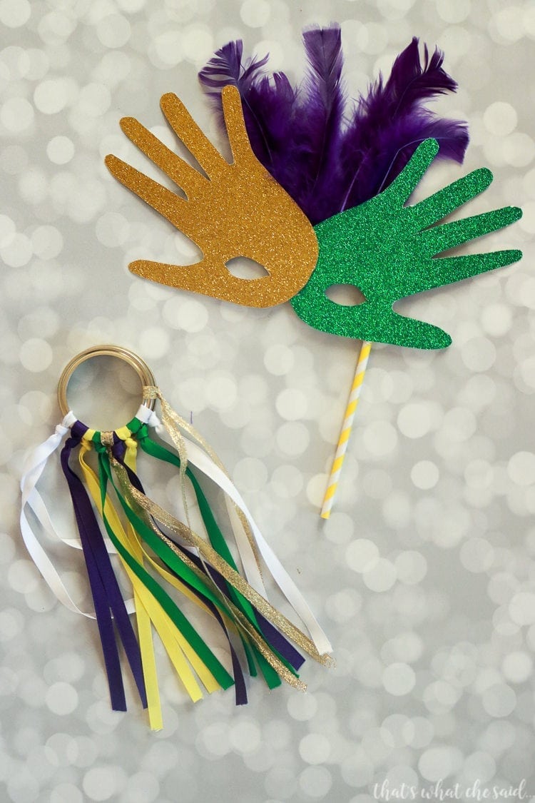 Mardi Gras Crafts - Parade Shakers & Handprint Mardi Gras Masks