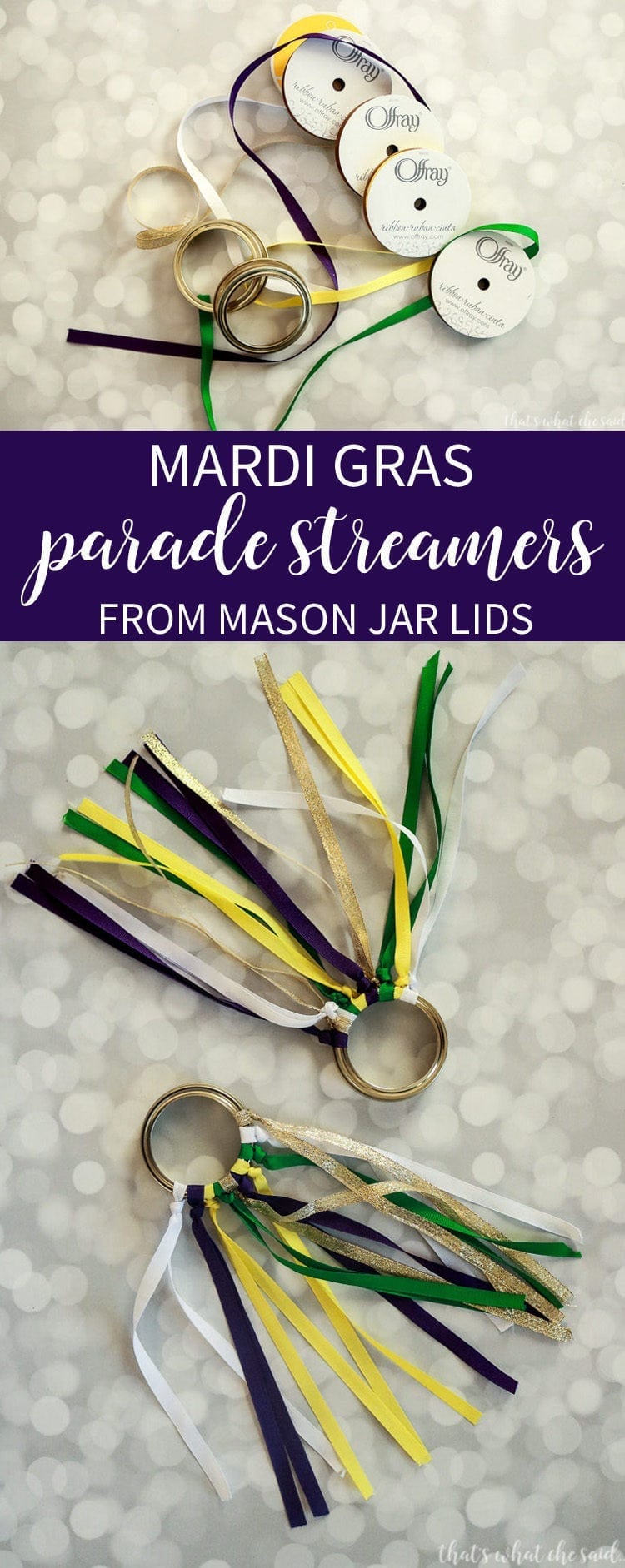 Mardi Gras Parade Streamers made with Mason Jar Lids and Ribbon. Easy Mardi Gras Craft Idea