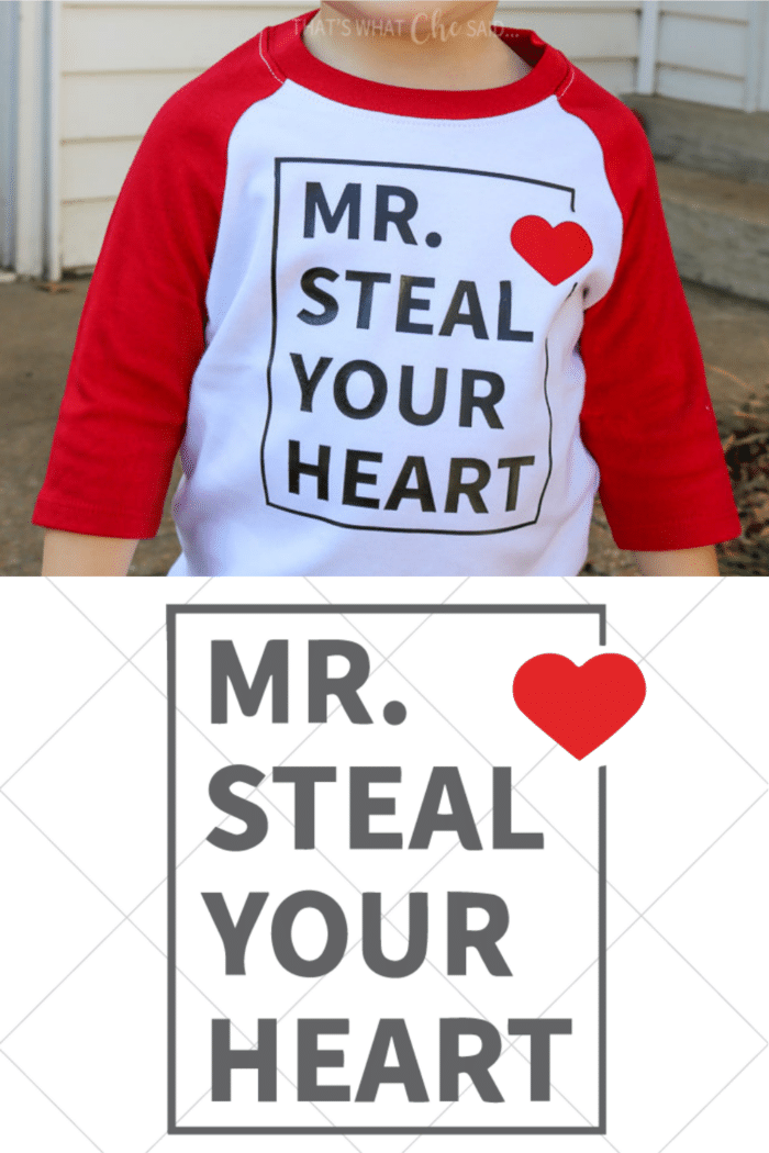 Two photo Pin collage of finshed project and SVG design - boys Valentine's day shirt