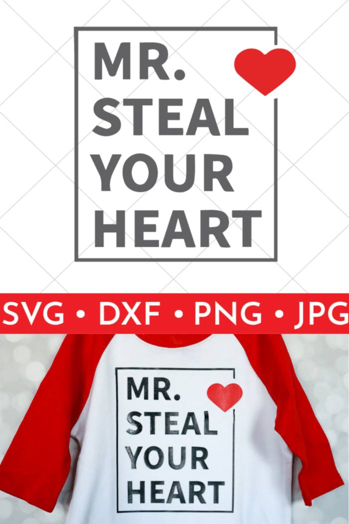 Two photo Pin collage of SVG design and finshed project - boys Valentine's day shirt