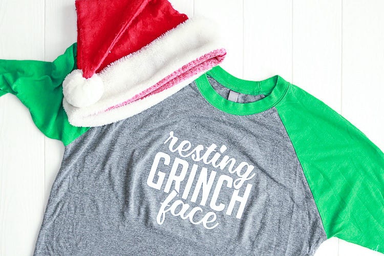 Raglan T shirt with Resting Grinch Face Free SVG design with Santa Hat