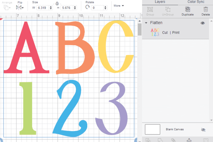 Layers panel close up to show how to flatten designs to make them print then cut images. 