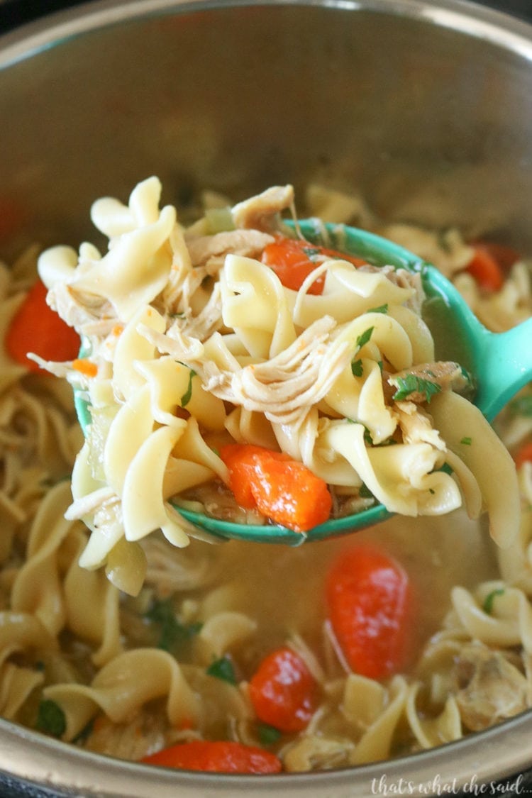 Ladle full of chicken noodle soup over held over the instant pot pot