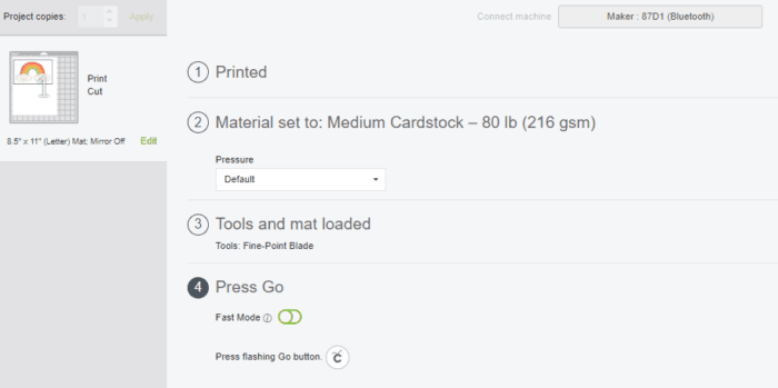 Cricut Design Space Make Screen after printing, selecting material, loading mat and indication showing where to start project