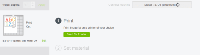 Sending your project to the printer.  This screen allows you to print on your home computer first. 