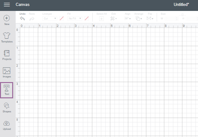 Blank Cricut Design Space Canvas with TEXT tool highlighted