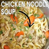 Top down view of instant pot filled with chicken noodle soup. Words over picture for a Pinterest pin