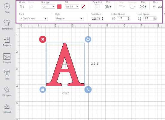 Text panel highlighted on Cricut Design Space Canvas screen to show which tools needed to change your fonts 